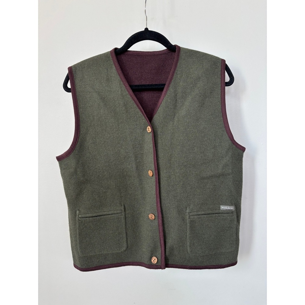 Woolrich Reversible 100% Wool Vest Womens Large Loden Green Burgundy 9182